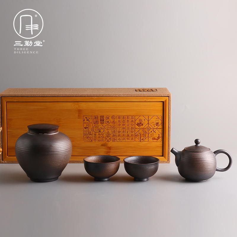 Three frequently hall coarse jingdezhen ceramic tea set of a complete set of black pottery pot 2 cups of large tea pot pot bearing ST1008