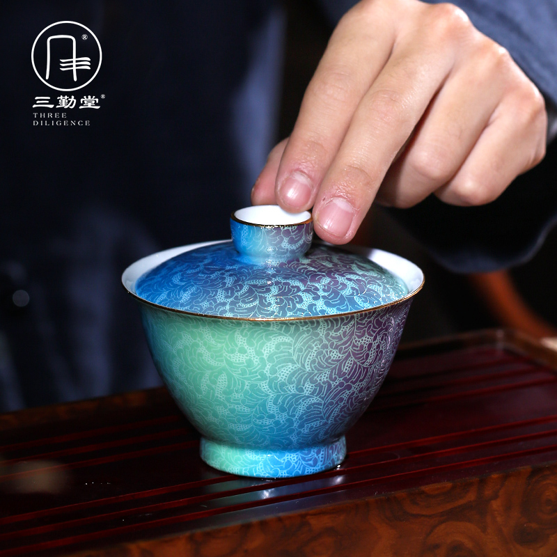 Three pick flowers frequently hall rolling way tureen jingdezhen ceramic cups kung fu tea tea ware bowl manually S12034