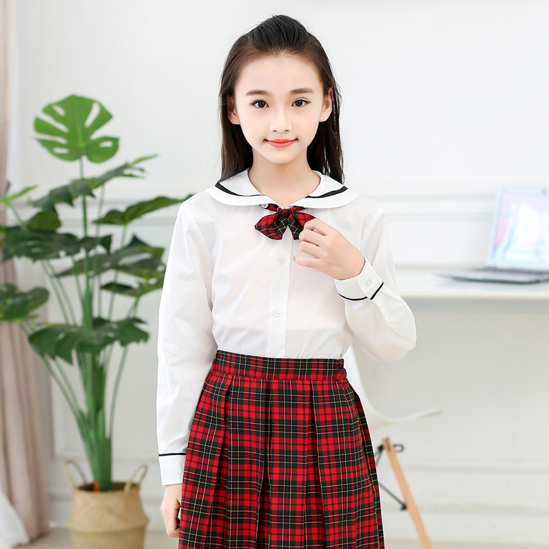 Shenzhen unified primary school uniforms, women's autumn and winter dresses, white one-piece shirts