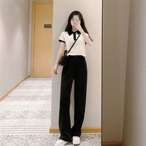 Summer foreign atmosphere age small man can salt sweet student polo collar short sleeve T-shirt wide leg pants two-piece female