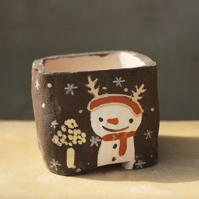 一卌 逗籽籽 套色版画卡通系列多肉花盆 手工陶土透气盆 方口盆