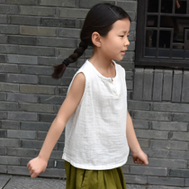 Original cotton hemp summer small child vest sleeveless cotton gauze male and female children art casual wild pure color top