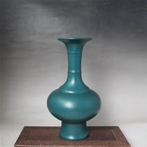 Qing Dynasty Yongzheng peacock blue glaze festival high bottle antique antique antique porcelain handmade monochrome glaze porcelain