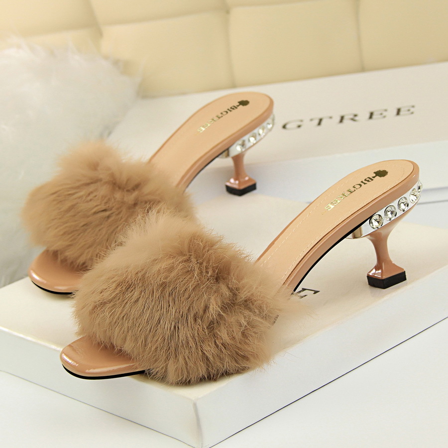 692-1 and half han edition fashion elegant wear slippers diamond fine with high heels maomao rabbit hair a words bring t