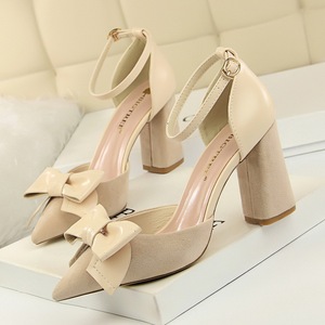 828-23 han edition with suede high heels sweet thick with shallow mouth pointed bow sandals, hollow out a word