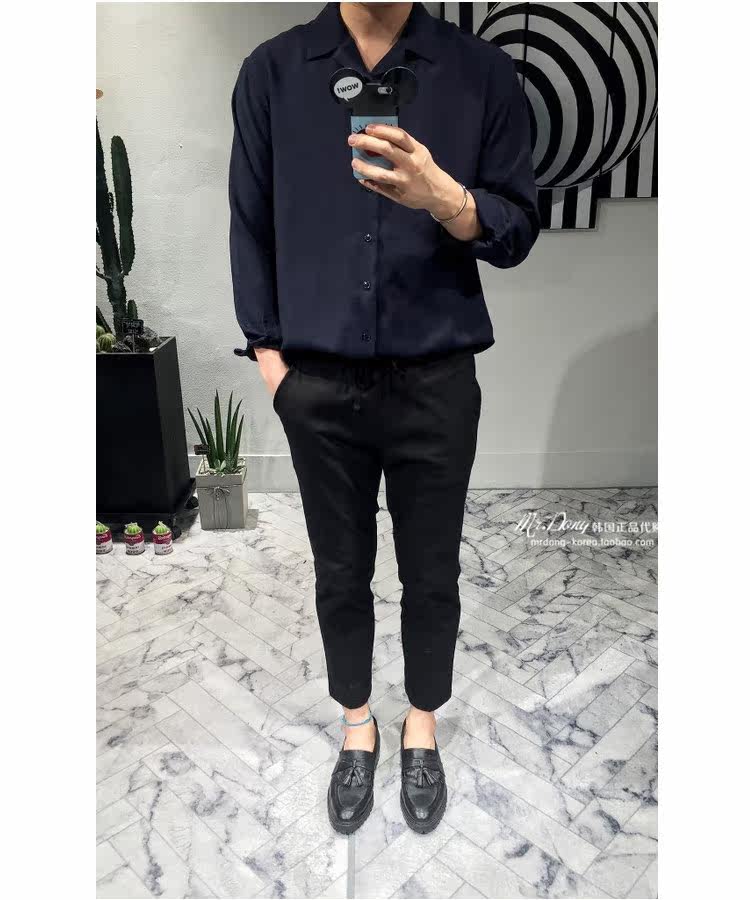 东大门韩国男装代购舒适薄款素雅纯色方领宽松百搭长袖衬衫16夏装