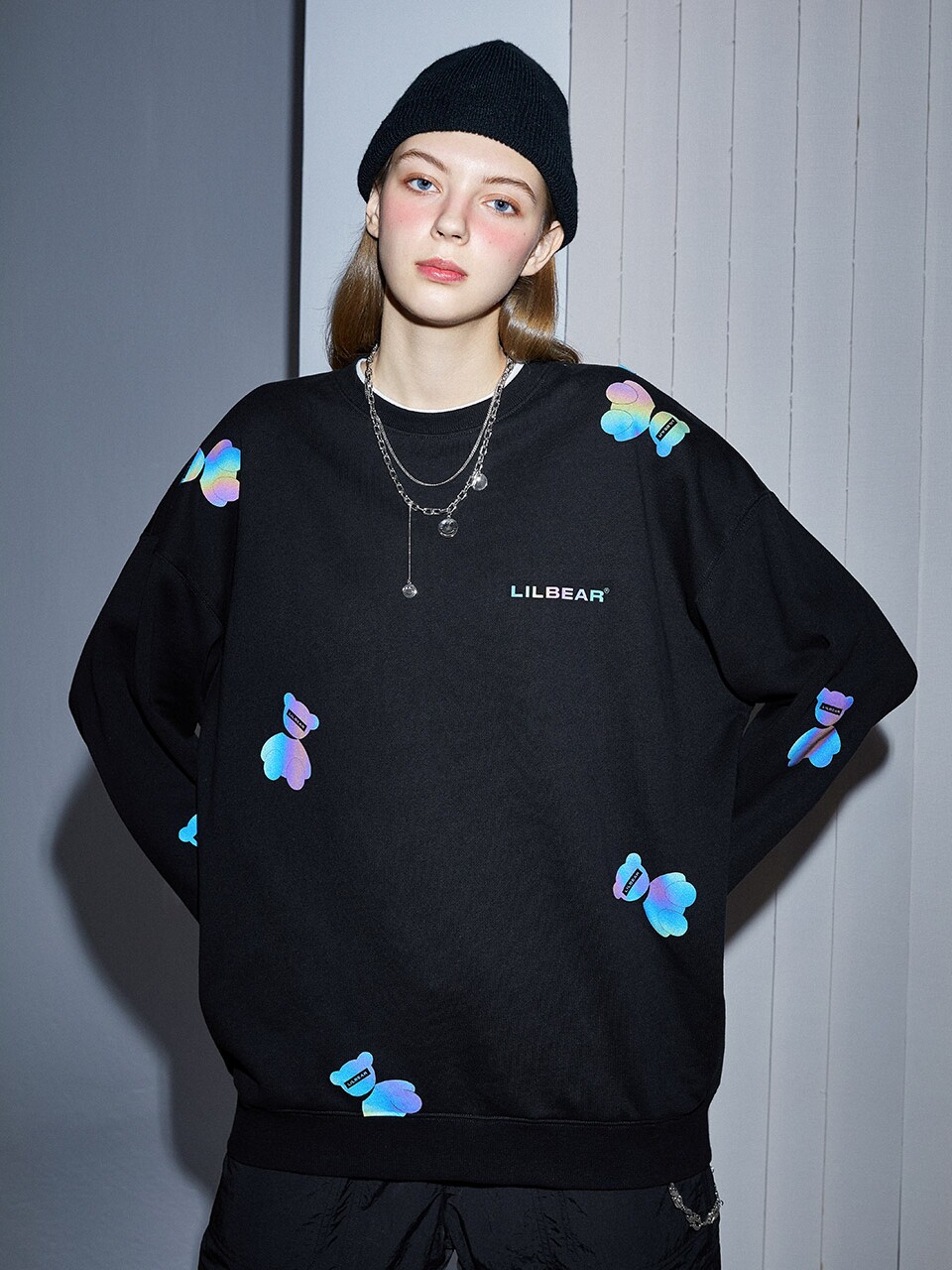 lilbear小熊印花炫彩反光情侣卫衣