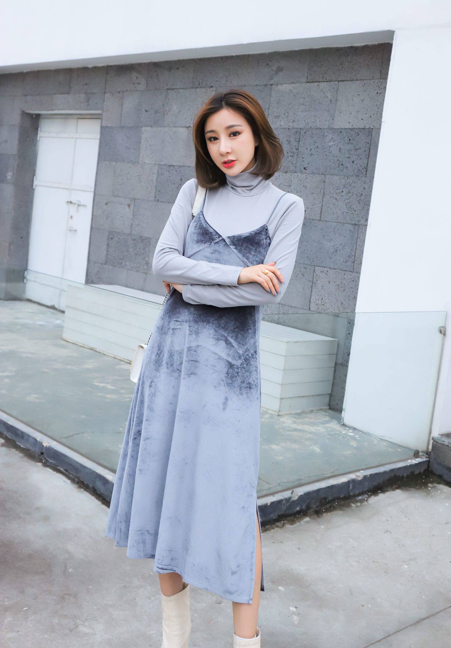 南夕姐姐 时尚套装裙秋装女2018新款高领打底衫丝绒吊带裙两件套