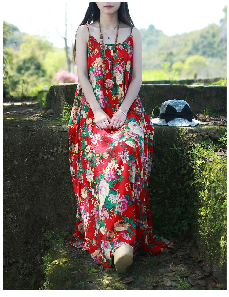 民族风连衣裙女夏2017红色复古一字肩吊带裙