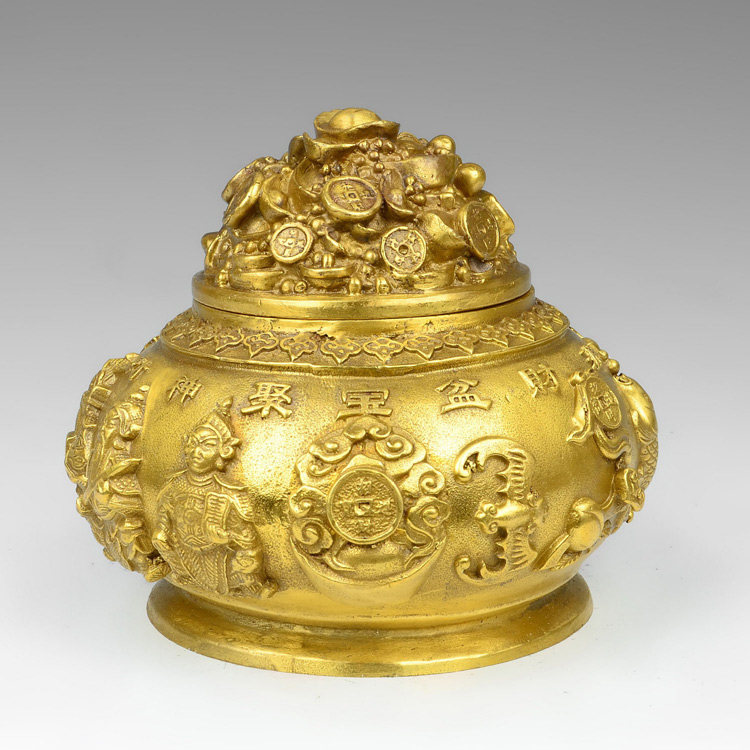 纯黄铜聚宝盆摆件 风水摆件聚宝盆 五路财神 聚宝盆 铜器工艺品