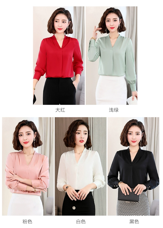 Đơn giản và thời trang áo sơ mi lụa in cổ chữ V của phụ nữ dài tay áo lụa nặng plus size 2020 xuân mới - Áo sơ mi dài tay