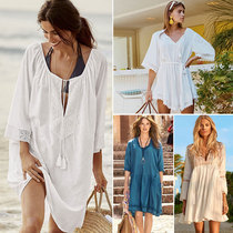 Sunscreen clothes womens bikini swimsuit outer blouse human cotton embroidered edge seaside holiday pullover white beach short skirt