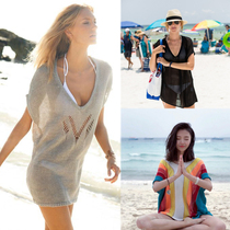Bikini blouse V-neck knitted hollow beach sunscreen hot spring swimsuit outer female blouse seaside holiday wear