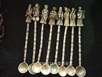 Antique collection antique silverware bronze ware Tibetan Miao silver copper silver plated eight fairy medicine spoon set of small spoon silver spoon copper spoon