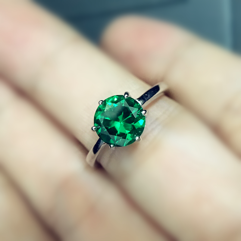 六爪2克拉圆形祖母绿宝石戒指925纯银彩宝女士首饰碧玺色指环活口