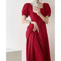 Burgundy dress French retro Hepburn style bubble short sleeve square collar temperament long dress small dress engagement toast