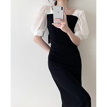 Black square collar dress women 2021 summer new bubble sleeve mesh stitching temperament French retro Medium-length dress