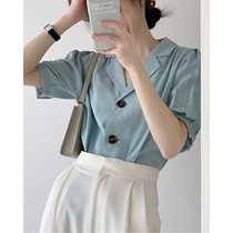 French retro bubble short sleeve shirt female summer design sense niche thin suit collar blue green temperament top female