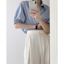 Blue and white shirt retro design sense niche bubble short sleeve lapel loose literary fresh quality top female summer