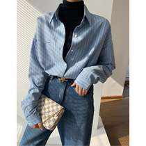 Lazy Hong Kong style top oversize heart design sense small pocket loose long sleeve retro blue and white striped shirt