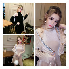 模特实拍新款时尚性感韩版收腰两件套金丝绒连衣裙