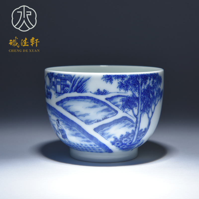 Cheng DE hin kung fu tea set, jingdezhen blue and white porcelain pure hand - made master tasting cup 244 big spring when appropriate