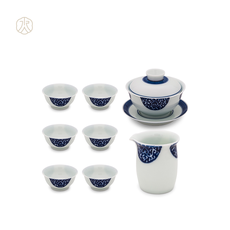 Cheng DE xuan tea set of jingdezhen ceramic kung fu tea set tea ware suit pure manual 8 head blue pearl