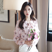Floral chiffon shirt long-sleeved 2021 spring and autumn new Korean version loose belly cover-up top temperament foreign style small shirt