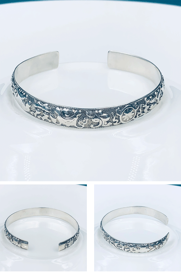 纯925银花朵花纹花瓣泰银手镯花朵图案民族风小清新银饰女银手镯