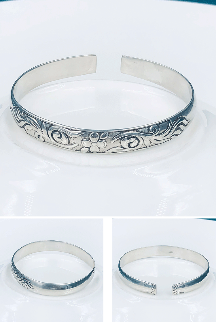 纯925银花朵花纹花瓣泰银手镯花朵图案民族风小清新银饰女银手镯