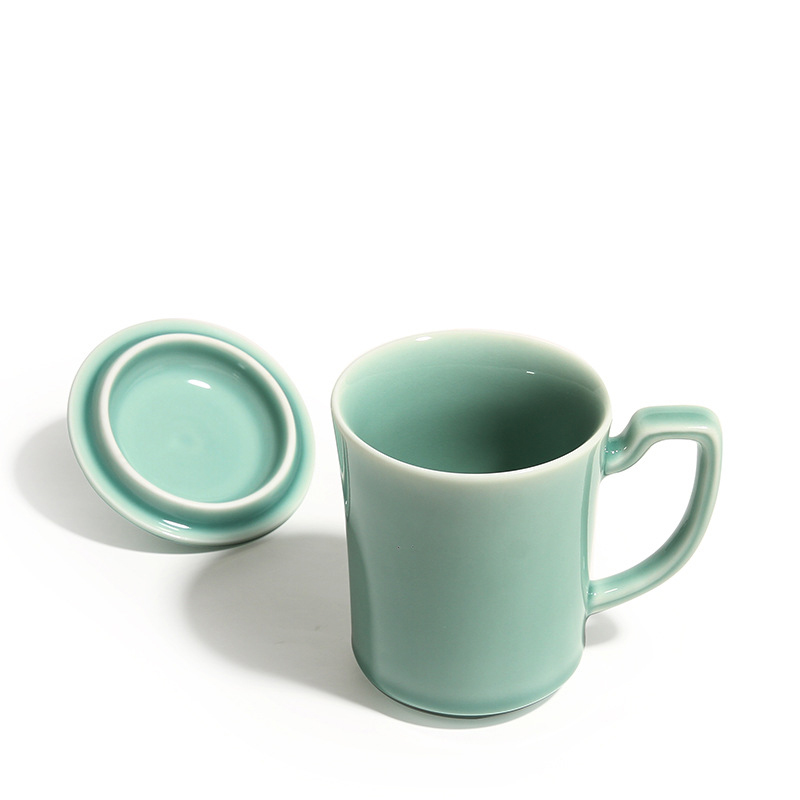 Longquan celadon teacup with cover office glass ceramic keller with handle and meeting the personal special tea cup