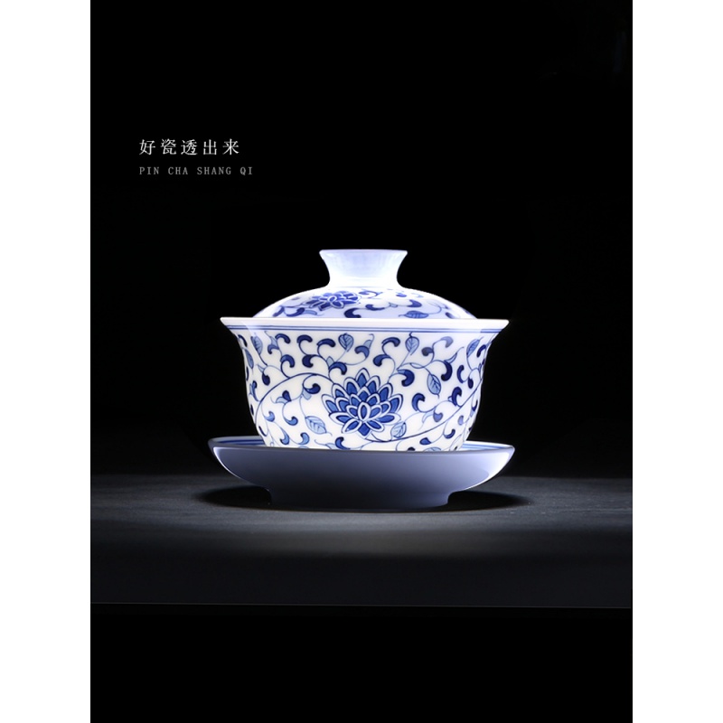 The Poly real scene of jingdezhen blue and white porcelain hand draw a single CPU cover tureen ceramic tea set large kung fu tea bowl