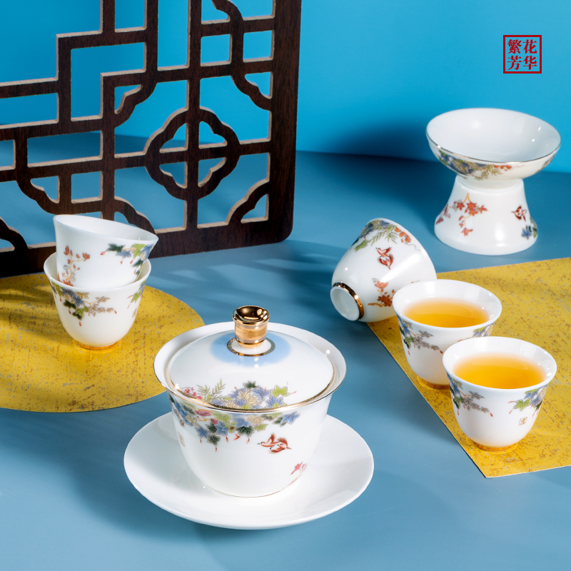 . Poly real scene kung fu tea set kit household small tureen the boom of a complete set of tea cups set light key-2 luxury gifts white porcelain of a complete set of Jane