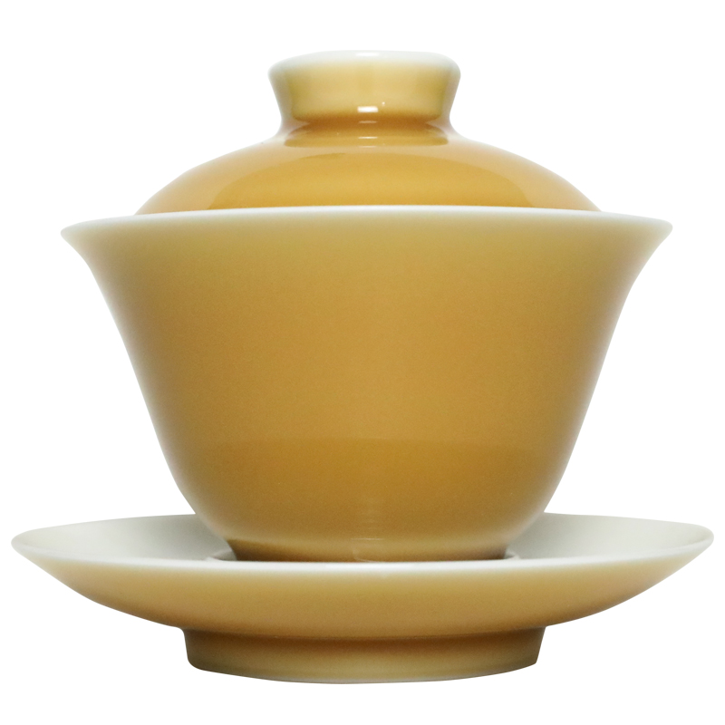 The Poly real view jingdezhen yellow glaze ceramic tea set three white porcelain tureen single pure manual tea bowl cups