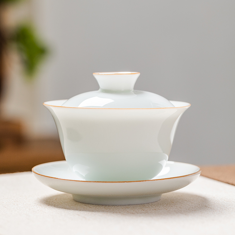 Thin foetus sweet white porcelain three just tureen not hot suet jade belt cover tea cup single master cup of jingdezhen ceramics