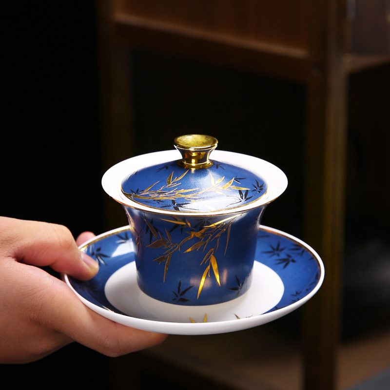 The Poly real scene suet jade porcelain kung fu tea set household custom LOGO dehua white porcelain cups blue bamboo tureen