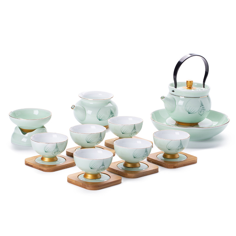 Poly real scene hand - made kung fu tea set household jingdezhen contracted tea cups of a complete set of ceramic lid