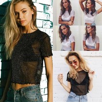 Knitted Mesh Crop Top T Shirt Women See Through Tee Summer