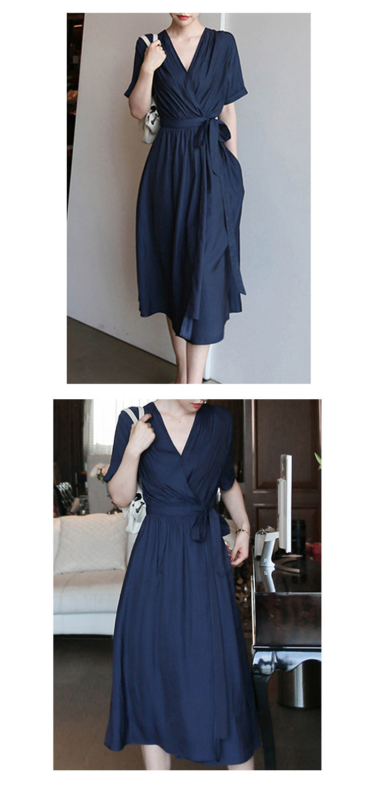 yenr  日系轻奢优雅 铜氨丝连衣裙 装新款 气质中长裙子 时尚女装