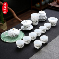 ZYRODIA kung fu tea set suit shea butter jade white porcelain anti-burn teapot hand painted green flower porcelain lid bowl tea cup gift box