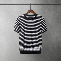 Summer round neck short sleeve sweater thin striped ice silk T-shirt mens thread clothes color trend curve bead half sleeve