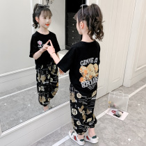 Childrens clothing summer new girl suit Childrens casual round neck pullover short sleeve clothing cartoon animation trousers two-piece set