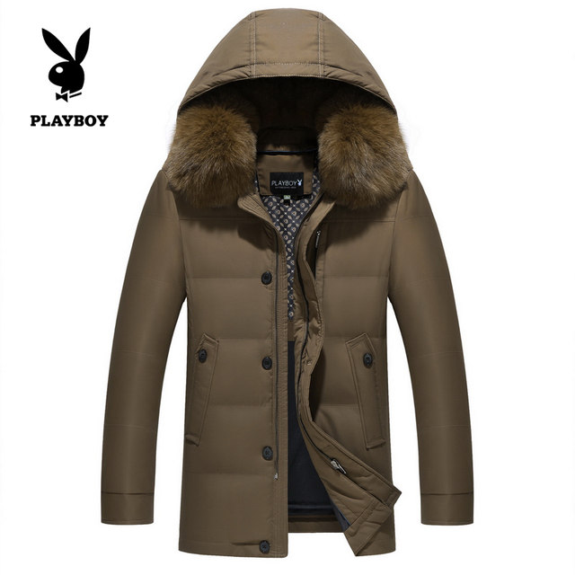 Playboy Down Jacket ຜູ້ຊາຍຍາວກາງ Hooded ຫນາສາມາດຖອດອອກໄດ້ Liner Fur Collar