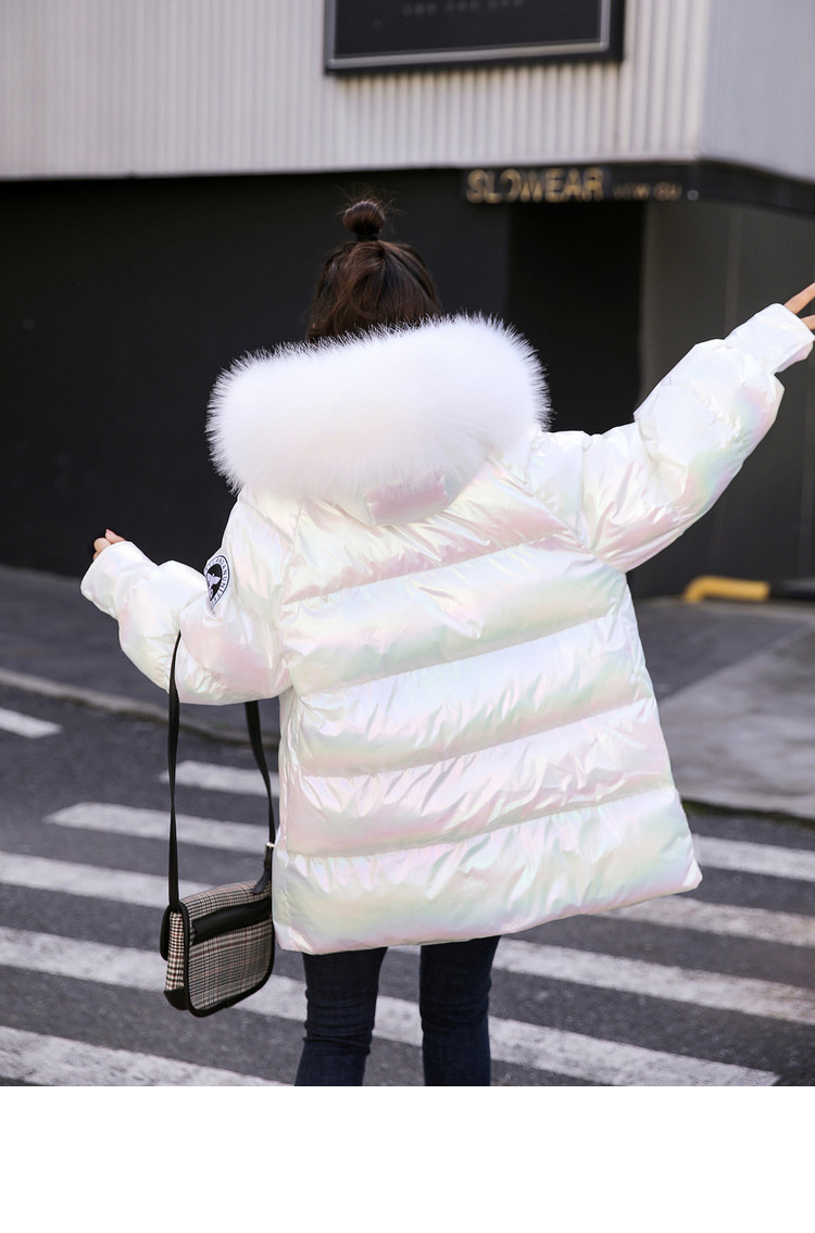 pler白色亮面羽绒服女冬连帽新款面包服加厚中长款时尚设计感外套