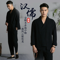 Chinese style Tang suit Mens youth suit Hanfu Mens autumn lay suit Mens linen two-piece trousers large size