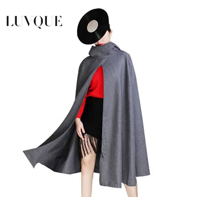 2017春季新品时尚女中长款灰色披肩毛呢外套