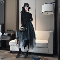 Half-body yarn yarn skirt womens 2021 new spring and autumn high-end sense of mesh black irregular puffy long skirt tide