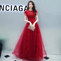 Wine Red Round neckline Sobanquet evening gown with a new noble temperament host to fix a dress high-end temperament