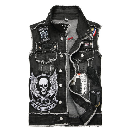 European and American badges skull embroidered denim vest men's fur edge rivets decorative beggar sleeveless jacket vest top European and American badges skull embroidered denim vest men's fur edge rivets decorative beggar sleeveless jacket vest top