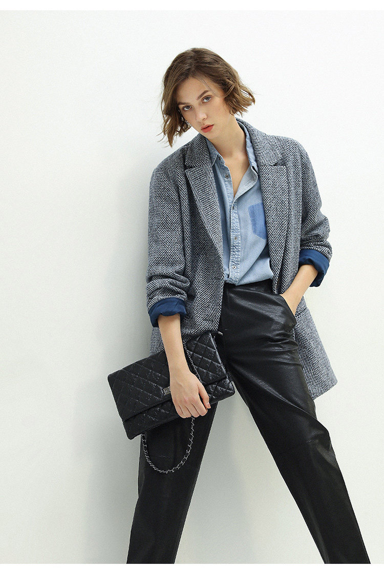 cocobella复古人字纹毛呢西装外套女秋冬新款宽松休闲西服ct1103